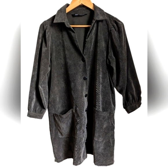 ZARA Forest Green Casual Academia Button Front Long Sleeves Mini Dress Large - Picture 2 of 14